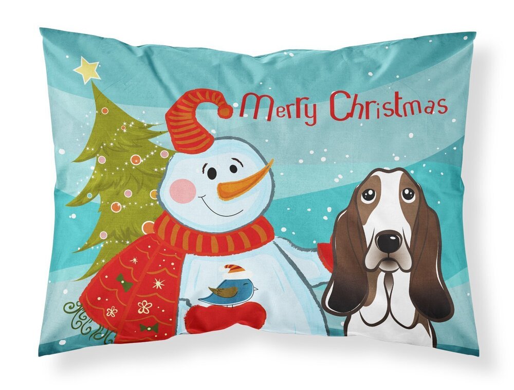5445 BB1863PILLOWCASE Snowman with Basset Hound Fabric Standard Pillowcase
